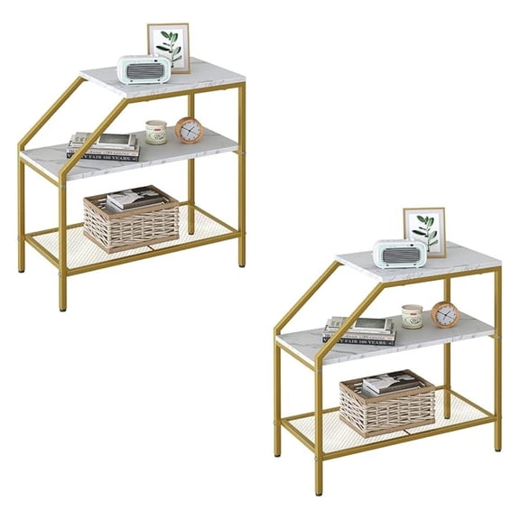 End Table 3 Tiers 2pcs White Marble Wood Nightstand with Storage Ladder Shelf,Industrial Sofa Side Table for Small Space, Modern Trapezoid Plant Stand in Living Room Bedroom, Metal Frame