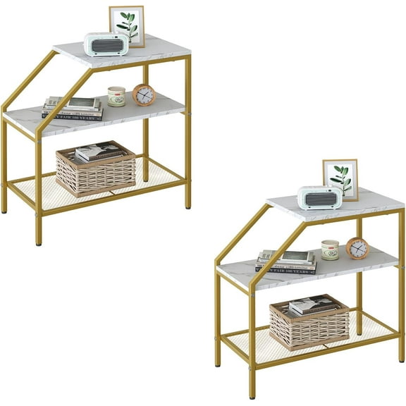 End Table 3 Tiers 2pcs White Marble Wood Nightstand with Storage Ladder Shelf,Industrial Sofa Side Table for Small Space, Modern Trapezoid Plant Stand in Living Room Bedroom,Gold Metal Frame