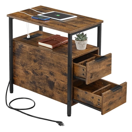 VASAGLE Side End Table with Charging Station, Slim Nightstand with 2 Drawers, Narrow Bedside Table for Living Room, Small Spaces, Rustic Brown and Ink Black