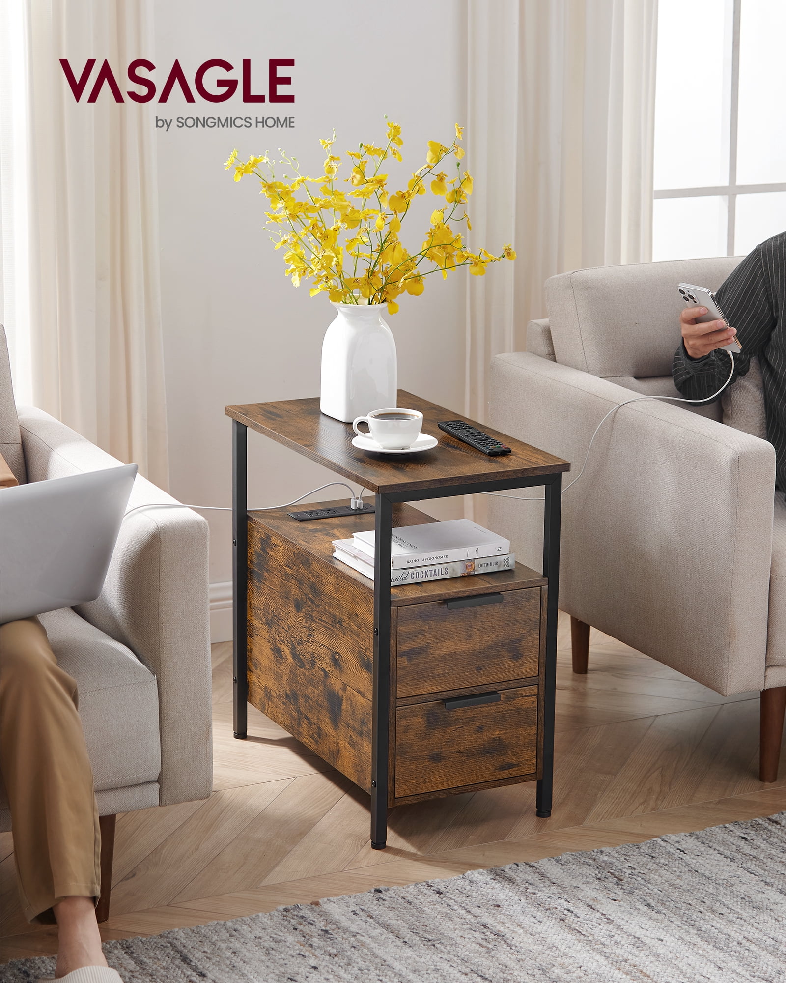 VASAGLE Side End Table with Charging Station, Slim Nightstand with 2 ...