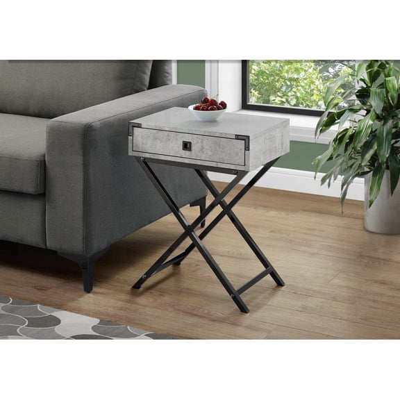 End Table Boasting a Grey Laminate Surface and One Black Metal Glide Drawer, Contemporary Design