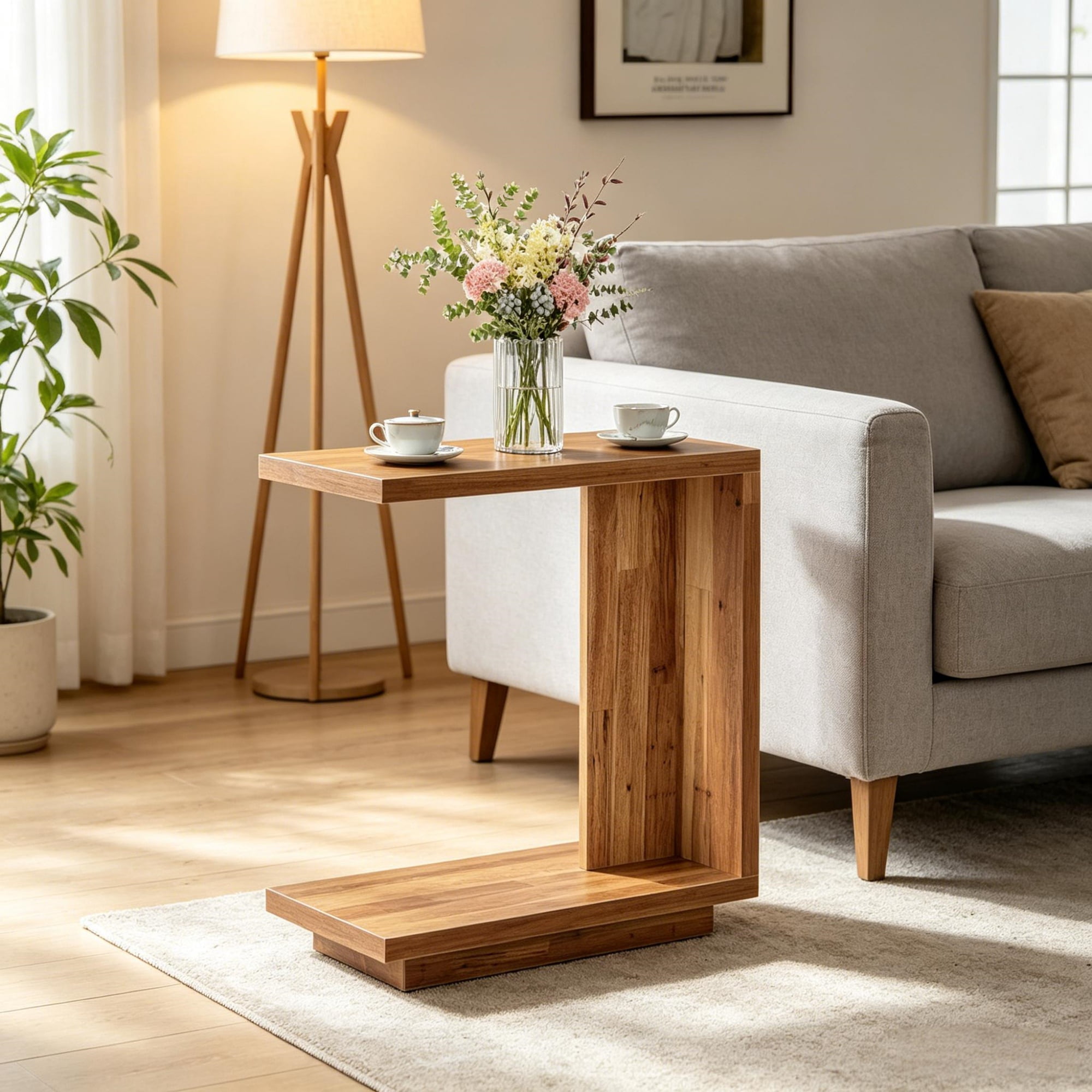 End Table, C-Shaped Side Table with 2 Open Shelves