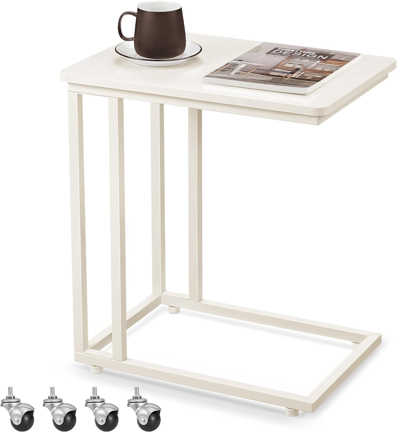Cream White C-Shaped Metal Frame End Table with Particle Board Top