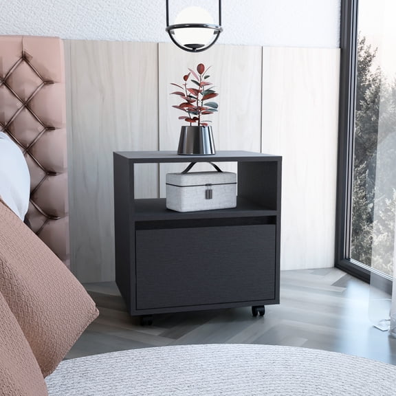 End Table With Caster Wheels - Black. And Stylish. Use As A Side Or In Any Room. 15.7 Inches Long Black Wheels. Modern Design For Home. Spacious Drawer Middle Shelf. Materials