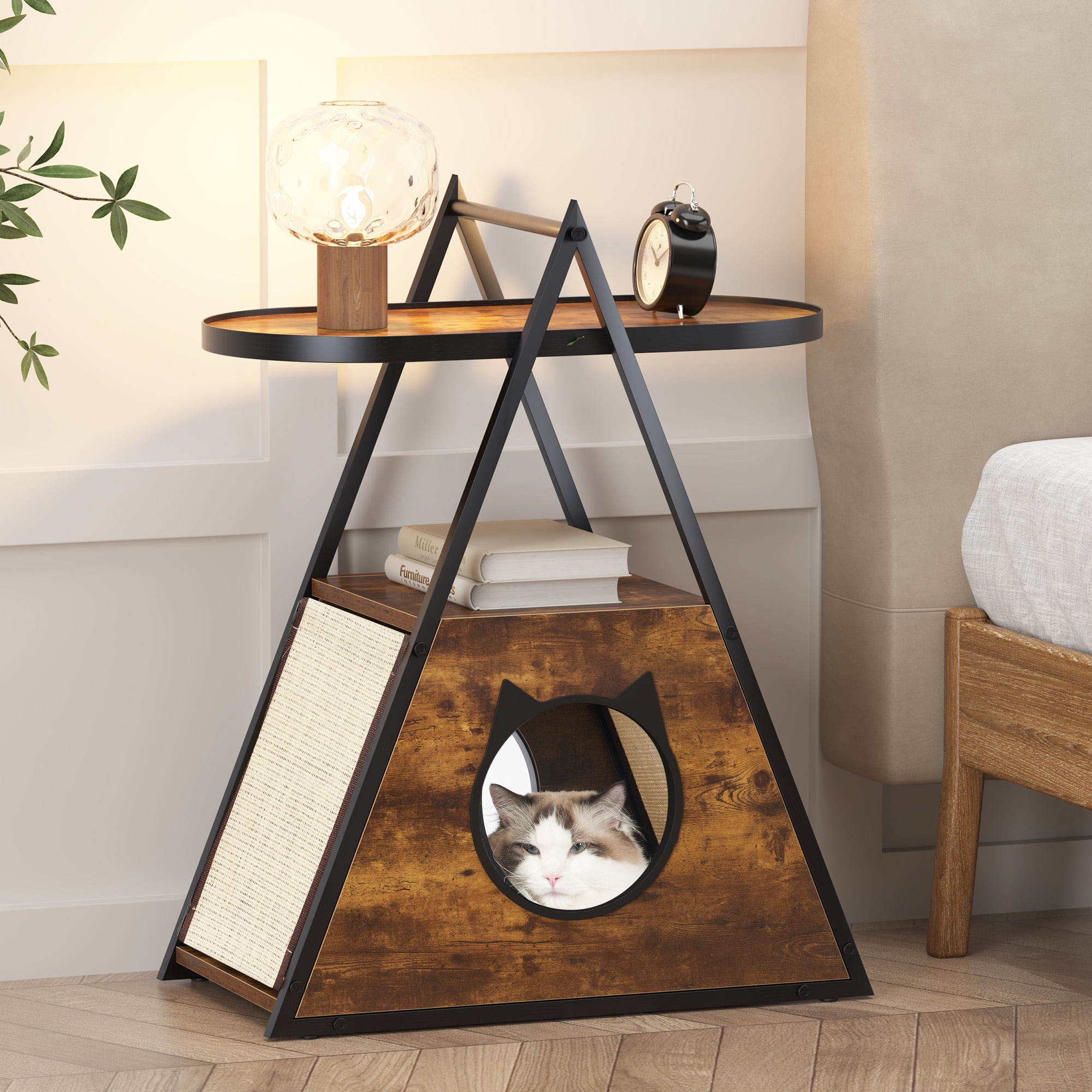 End Table Cat Bed Cave, Multipurpose Wood Cat Furniture Nightstand With Scratching Pad, 2tier