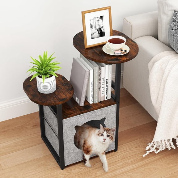End Table, Cat Bed Table, Small Bedside Table with Removable Cat Condo, Flip Top Side Table with 3-Tiered Storage Shelves, Round Side Table, for Living Room, Bedroom, Rustic Brown and Classic Black