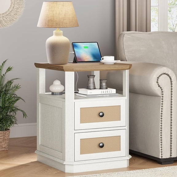 End Table with Charging Station, 18" Small Modern Farmhouse Nightstand with Rattan Drawers, Tall Bedside Table & 2-Drawer Dresser for Bedroom, Living Room, Hallway, White