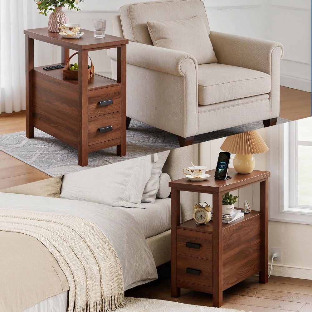 End Table with Charging Station, 2 USB Ports & 2 Outlets, 2-Drawer Nightstand, Small Wood Bedside Table, Rustic Side Table for Bedroom & Office, Walnut