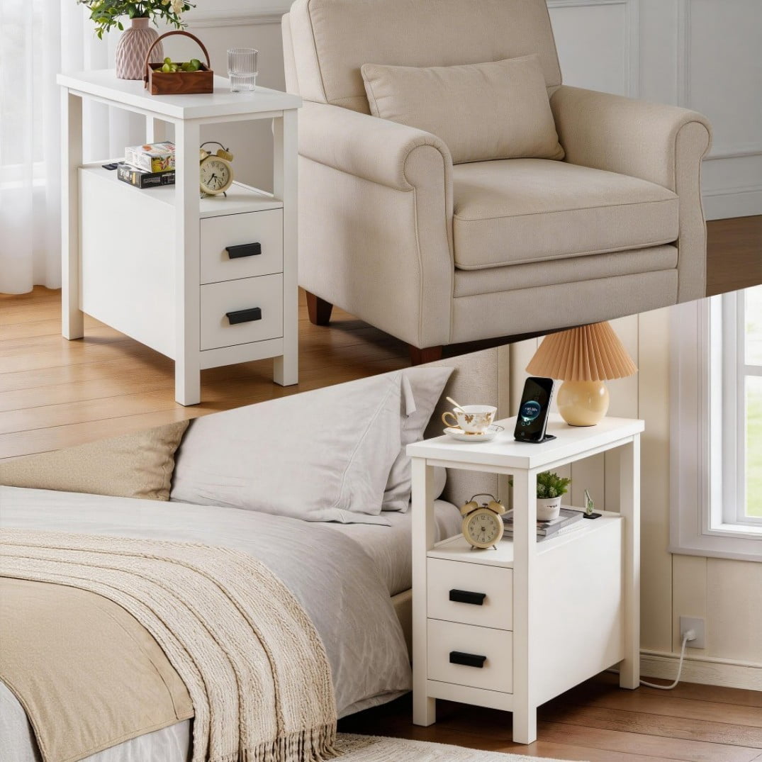 End Table with Charging Station, 2 USB Ports & 2 Outlets, 2-Drawer Nightstand, Small Wood Bedside Table, Rustic Side Table for Bedroom & Office, White