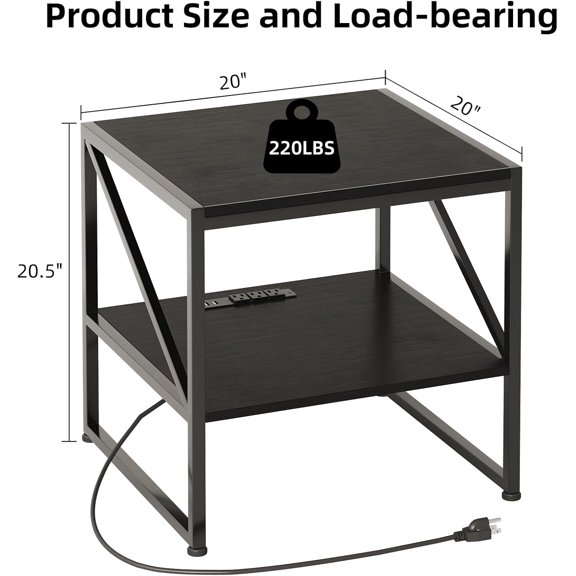 End Table with Charging Station, 20 Inch Square Side Table with USB Ports & Power Outlets, Mini Fridge Stand with 2-Tier Storage Shelf Adjustable, Industrial Wood Nightstand for Small Spaces, Black
