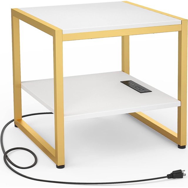 End Table with Charging Station, 20 Inch Square Side Table with USB Ports & Power Outlets, Grey