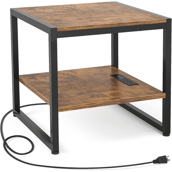 End Table with Charging Station, 20" Mini Fridge Stand with Power Outlets, Heavy Duty Side Table for Living Room, Small Table Stand & Fridge Table, Black