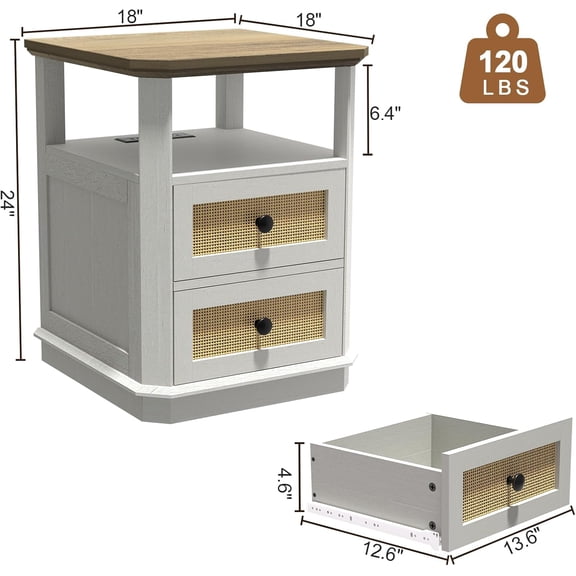 End Table with Charging Station, 24” Tall Sofa Side Table with Rattan Drawer, Anti-Collision Angle Wooden Night Stand for Living Room, Bedroom, Office.