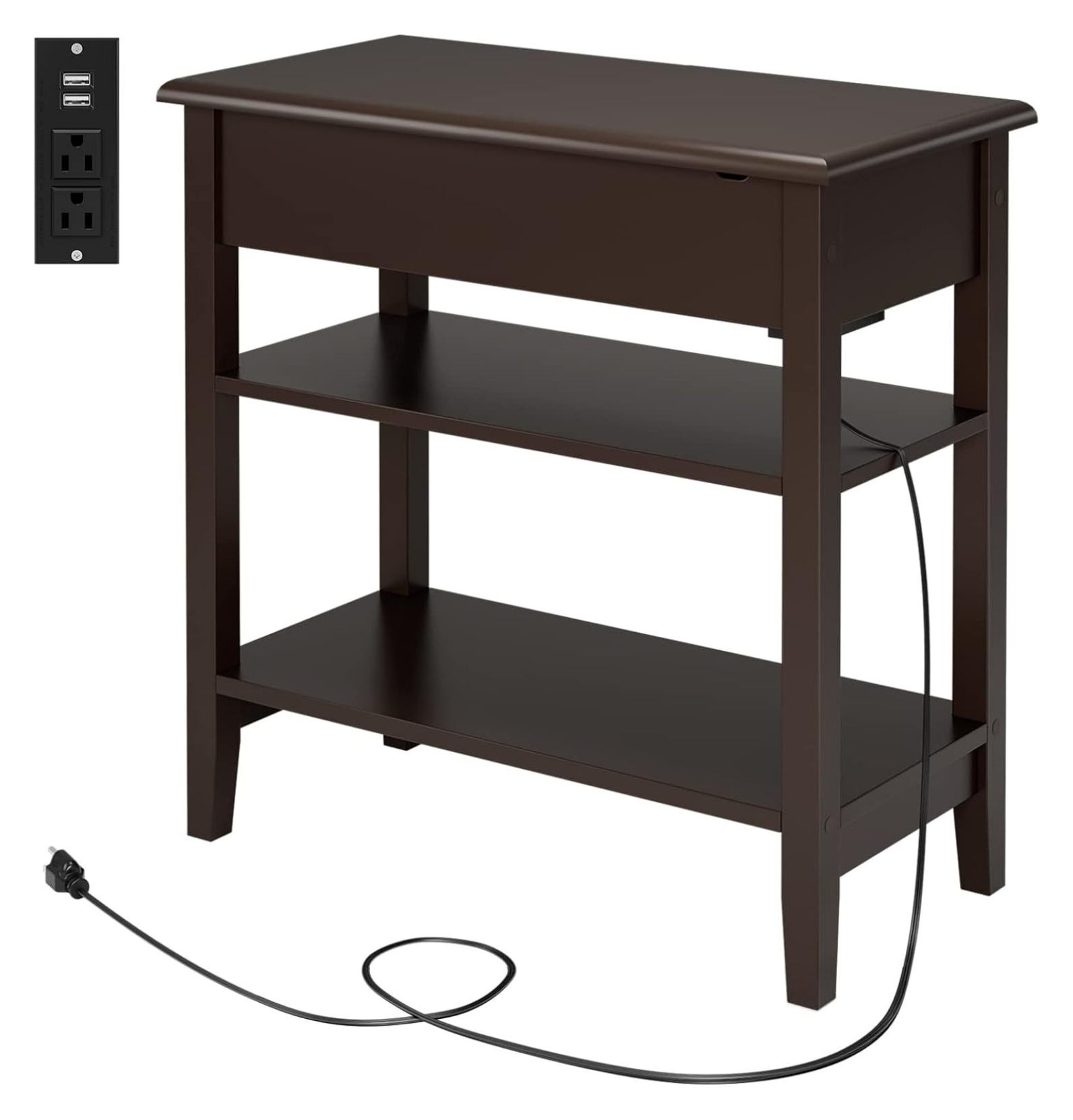 End Table with Charging Station, 3 Tier Narrow Nightstand with Storage