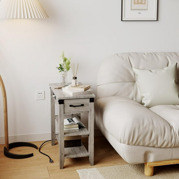 End Table with Charging Station, 3-Tier Narrow Side Table with Drawer and Storage End Table Wood Farmhouse Bed Side Table/Night Stand for Living Room Bedroom Office Rustic Grey