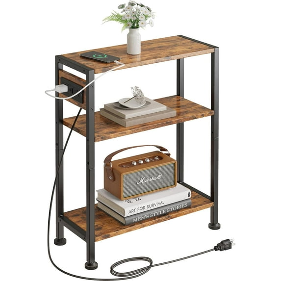 End Table with Charging Station, 3-Tier Side Table for Small Space, Skinny Nightstand with USB/Type C Port and 2 Outlets, Slim Beside Table for Living Room, Bedroom, Balcony, Rustic Brown