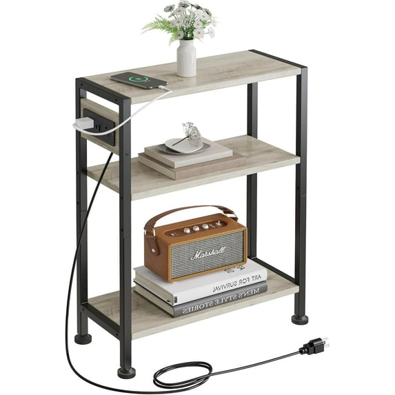 End Table with Charging Station, 3-Tier Side Table for Small Space, Skinny Nightstand with USB/Type C Port and 2 Outlets, Slim Sofa Beside Table for Living Room, Bedroom and Balcony, Greige