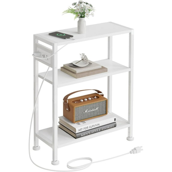 End Table with Charging Station, 3-Tier Side Table for Small Space, Skinny Nightstand with USB/Type C Port and 2 Outlets, Slim Sofa Beside Table for Living Room, Bedroom and Balcony, White