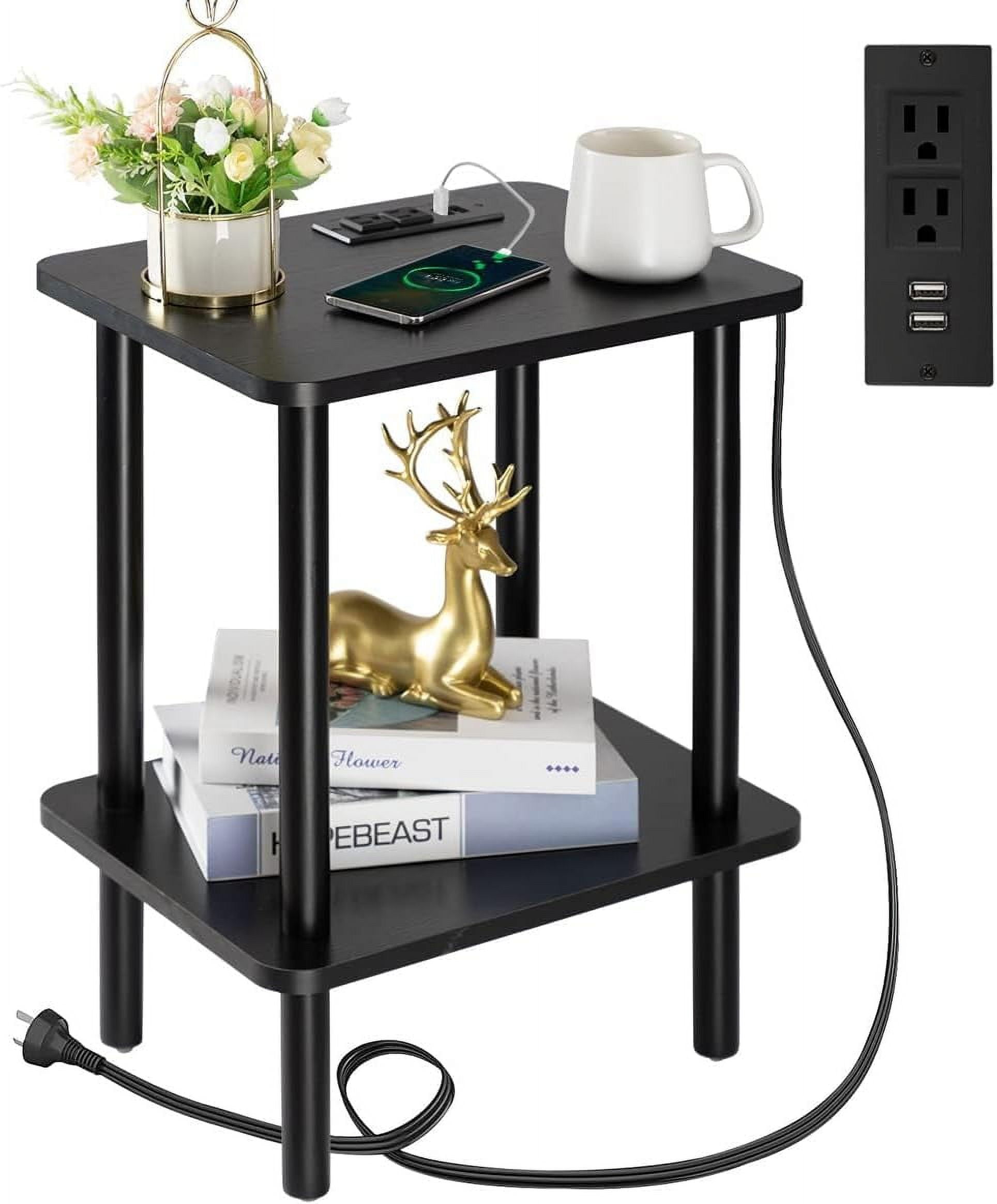 TUTOTAK End Table with Charging Station, Side Table with USB Ports and Outlets, Nightstand, 2-Tier Storage Shelf, Sofa Table for Small Space TB01BK040