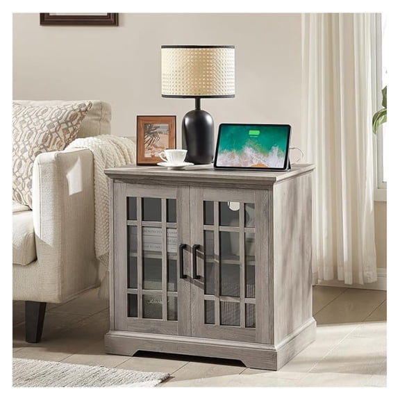 End Table with Charging Station, Farmhouse Nightstand - Rustic Wood Square Side Table with Glass Door & Adjustable Shelf for Living Room, Bedroom - Light Rustic Oak