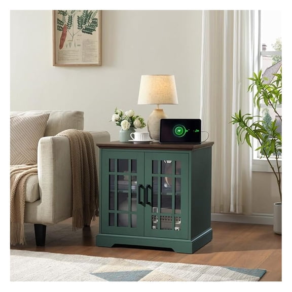 End Table with Charging Station, Farmhouse Nightstand, Rustic Wood Square Side Table with Glass Door & Adjustable Shelf - Living Room, Bedroom, Office - Green