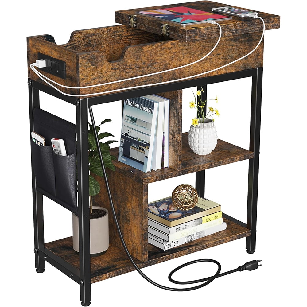 End Table with Charging Station, Flip Top Narrow Side Table Nightstand