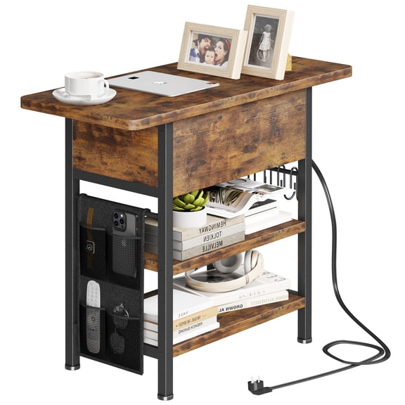 End Table with Charging Station, Flip Top Nightstand with USB Ports and Outlets, Couch Side Table with Fabric Bag and Hooks, Bedside Table for Space Saving, Living Room, Bedroom (Rustic Brown)