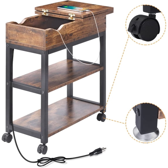 End Table with Charging Station, Flip Top Side Table with Storage Shelf and USB Ports & Power Outlets for Small Spaces, Narrow Nightstand for Living Room