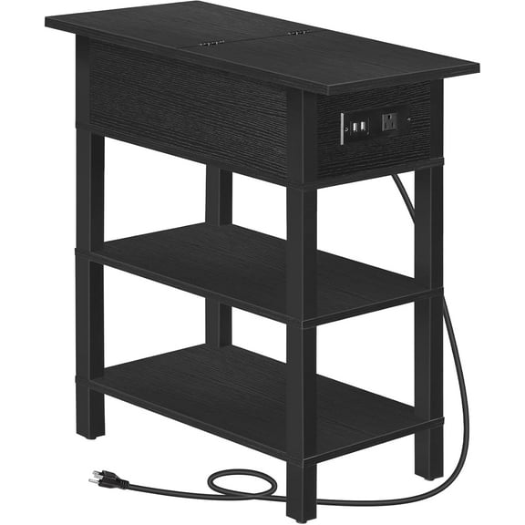 End Table with Charging Station, Flip Top Side Table with USB Ports, Narrow Nightstand Bedside Tables with Storage Shelves, for Small Space, Living Room, Black BK141UBZ01