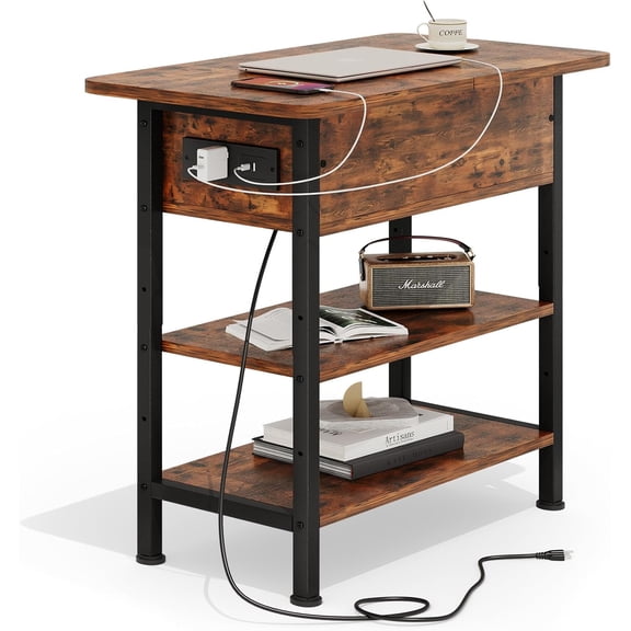 End Table with Charging Station, Flip Top Side Table with USB Ports and Outlets, 3-Tier Small Side Table with Storage for Small Space, End Tables for Living Room/Bedroom, Brown