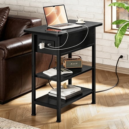 Exnote End Table with Charging Station, Flip Top Side Table with USB Ports and Outlets, 3-Tier Storage End Table for Small Spaces, Living Room, Bedroom, Black