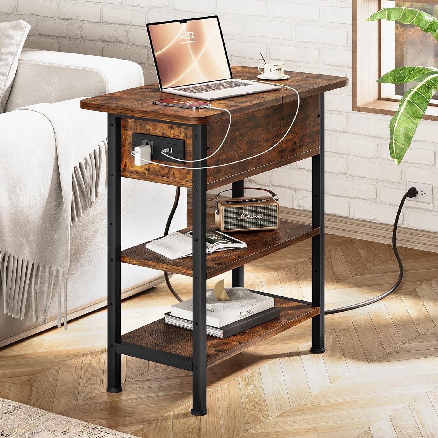 End Table with Charging Station, Flip Top Side Table with USB Ports and Outlets, 3-Tier Storage End Table for Small Spaces, Living Room, Bedroom, Brown