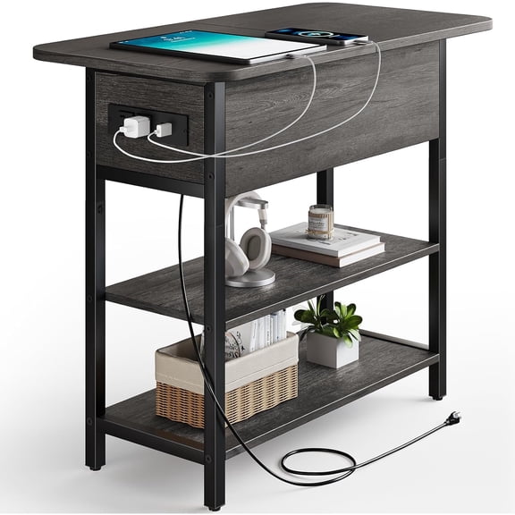 End Table with Charging Station, Flip Top Side Table with USB Ports and Outlets, Sofa Couch Table Bedside Table for Living Room Bedroom, Narrow Nightstand with Storage Shelves for Small Space