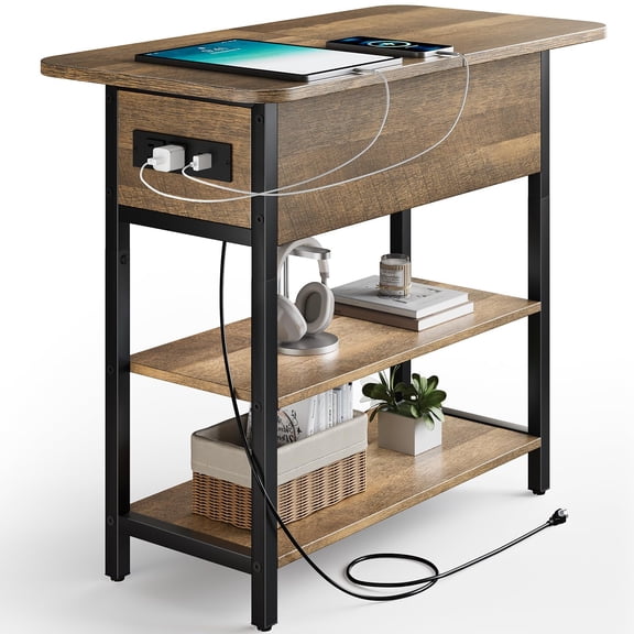 End Table with Charging Station, Flip Top Side Table with USB Ports and Outlets, Sofa Couch Table Bedside Table for Living Room Bedroom, Narrow Nightstand with Storage Shelves for Small Space