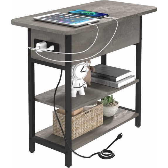 End Table with Charging Station, Flip Top Side Table with USB Ports and Outlets, Sofa Couch Table Bedside Table for Living Room Bedroom, Narrow Nightstand with Storage Shelves for Small Space