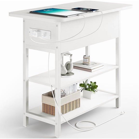 End Table with Charging Station, Flip Top Side Table with USB Ports and Outlets, Sofa Couch Table Bedside Table for Living Room Bedroom, Narrow Nightstand with Storage Shelves for Small Spaces