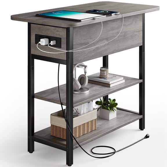 End Table with Charging Station, Flip Top Side Table with USB Ports and Outlets, Sofa Couch Table Bedside Table for Living Room Bedroom, Narrow Nightstand with Storage Shelves for Small Space