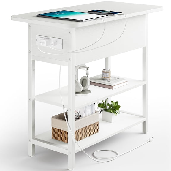 End Table with Charging Station, Flip Top Side Table with USB Ports and Outlets, Sofa Couch Table Bedside Table for Living Room Bedroom, Narrow Nightstand with Storage Shelves for Small Space