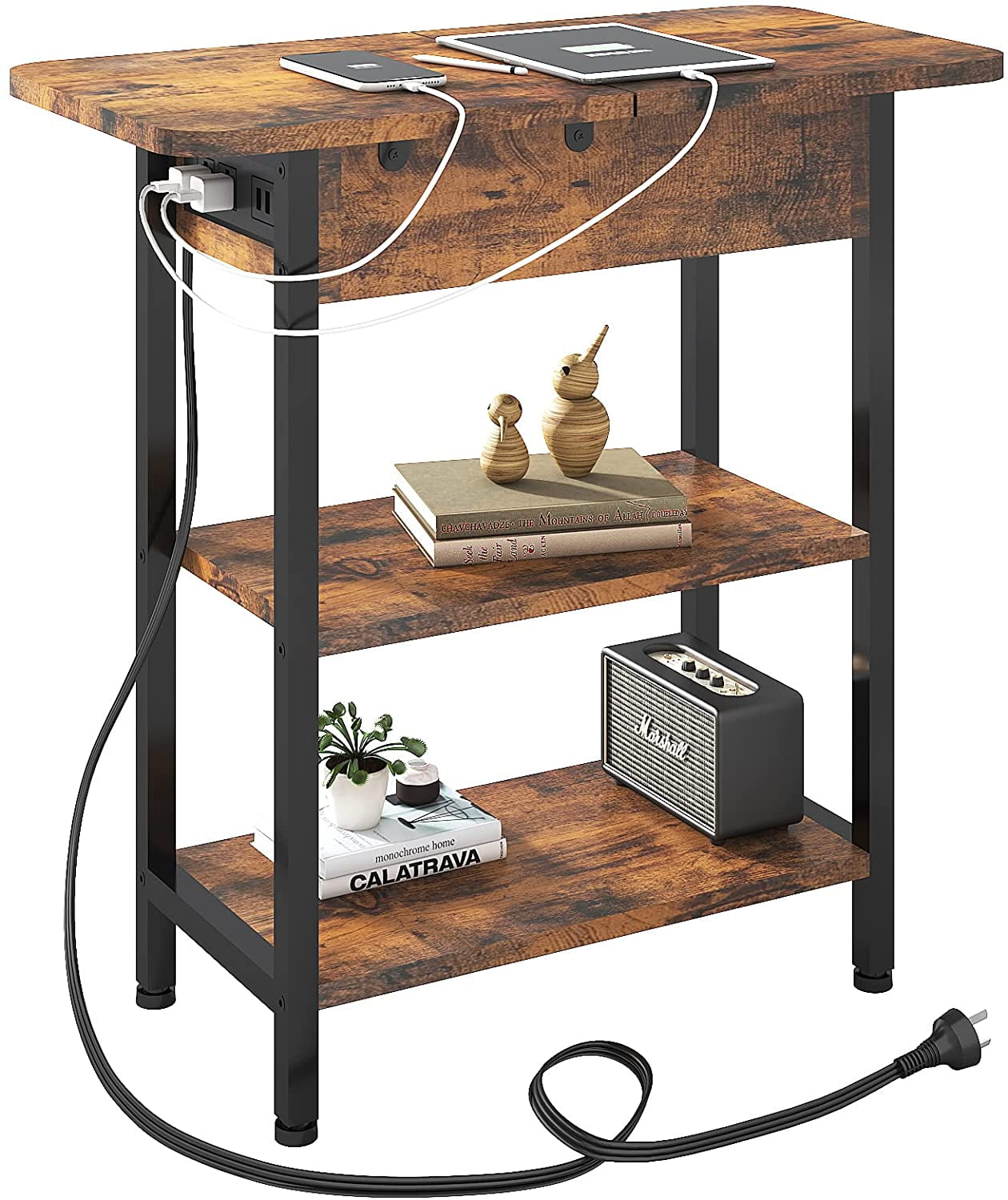 Rustic Brown Wood and Metal End Table with Charging Station