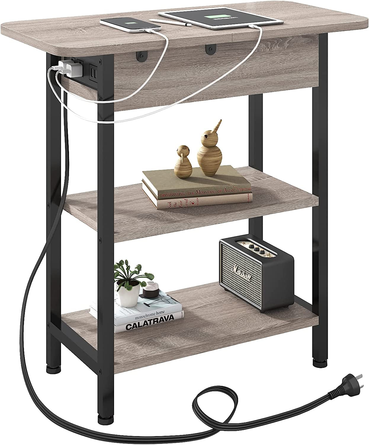 Greige and Black Rectangular End Table with Storage and USB Ports