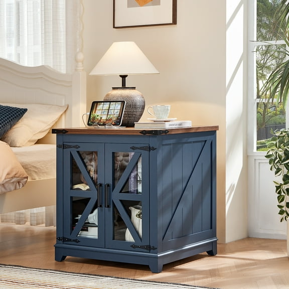End Table with Charging Station, Large Sofa Side Table with Glass Barn Door, Blue Nightstand with Adjustable Storage Shelf, Square Bedside Table for Living Room,Bedroom, Blue