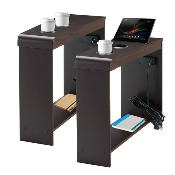 End Table with Charging Station for Living Room, USB Ports & Outlets, Narrow Side Table, Chair Side Table Nightstand, Bedside Table, Slim Sofa End Table for Small Spaces, Set of 2