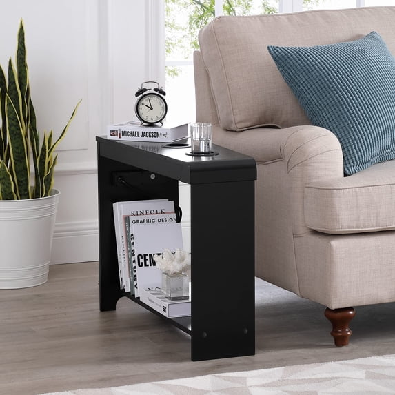 Naomi Home Jade Modern Nightstand with Charging Station | End Table with USB Ports & Outlets | Narrow Side Table for Bedroom & Living Room - Black