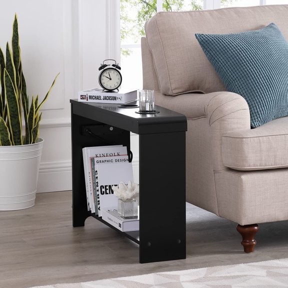 Naomi Home Jade Modern Nightstand with Charging Station | End Table with USB Ports & Outlets | Narrow Side Table for Bedroom & Living Room - Black