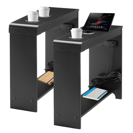 End Table with Charging Station for Living Room, USB Ports & Outlets, Narrow Side Table, Chair Side Table Nightstand, Bedside Table, Slim Sofa End Table for Small Spaces, Set of 2