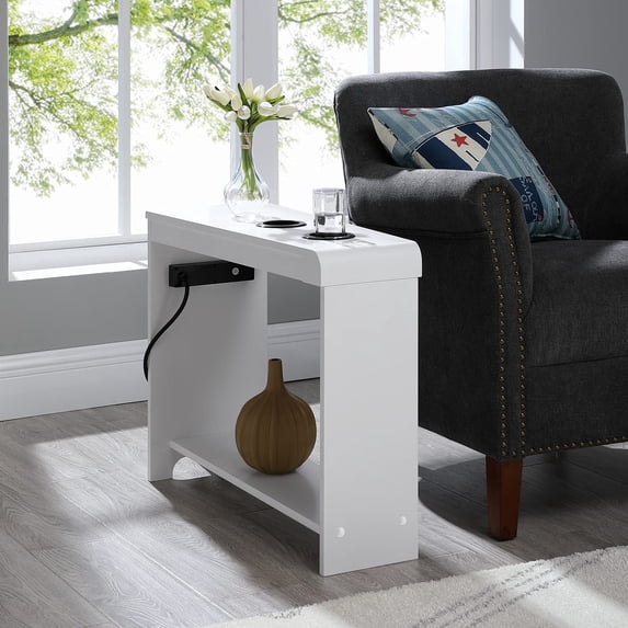 Naomi Home Jade Modern Nightstand with Charging Station | End Table with USB Ports & Outlets | Narrow Side Table for Bedroom & Living Room - White