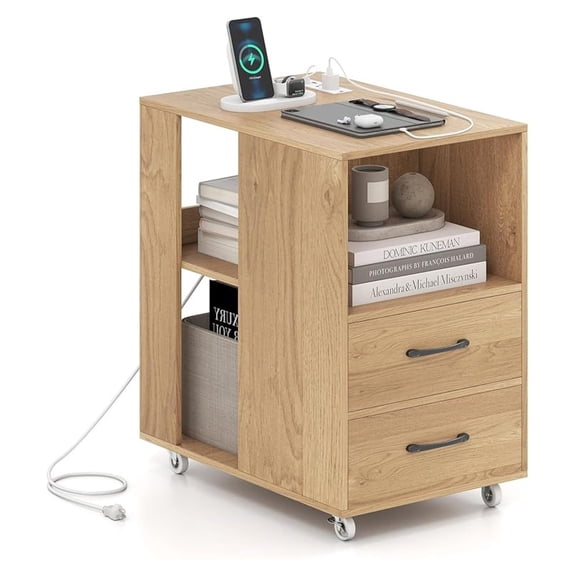 End Table with Charging Station, Modern Nightstand with Lockable Wheels, Magazine Holder & Open Shelf, Rolling Sofa Side Bedside Table with 2 Drawers, for Living Room, Bedroom (1, Natural)