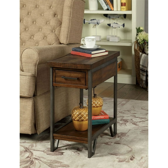End Table with Charging Station, Modern Rustic Side Table with Metal Frame and Open Shelf, Wooden Sofa Side Table with Hidden Tray, Turned Legs for Small Space