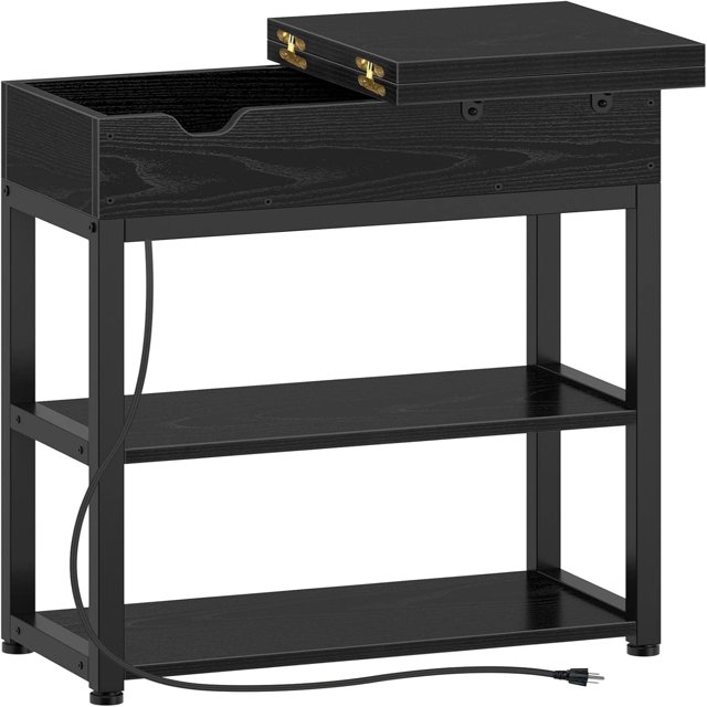 End Table with Charging Station Narrow Nightstand Flip Top Side Table