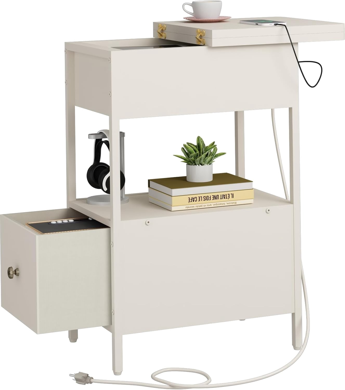 End Table with Charging Station, Narrow Side Table with Flip Top ...